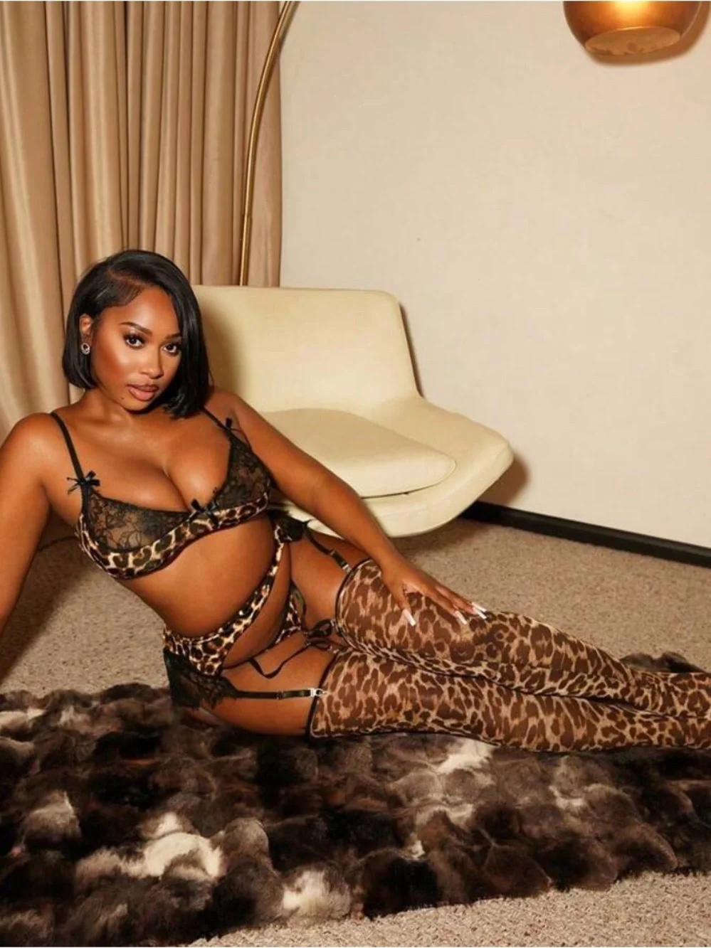 Leopard Print Lace Lingerie Set with Thigh-Highs